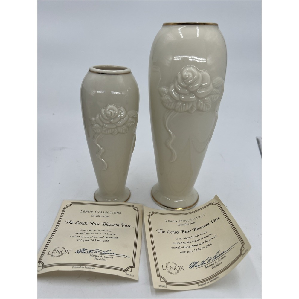 2 Lenox Ivory Rose Blossom 6" & 7.5" Tall Vase Raised Floral Detail & Gold Trim - Picture 2 of 7